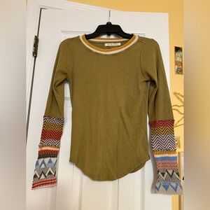 Free People - We The Free Olive Top with Multicolored Sleeves